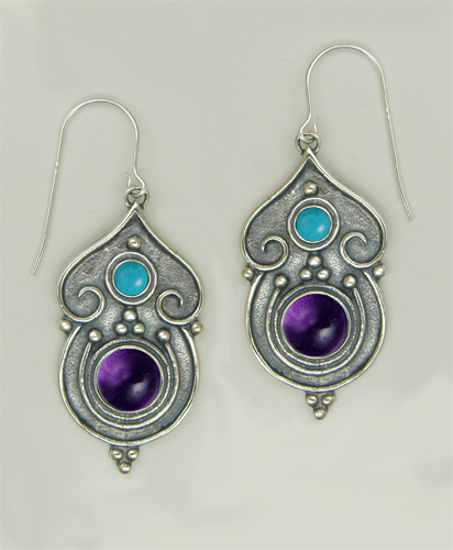 Sterling Silver Gothic Inspired Drop Dangle Earrings With Amethyst And Turquoise